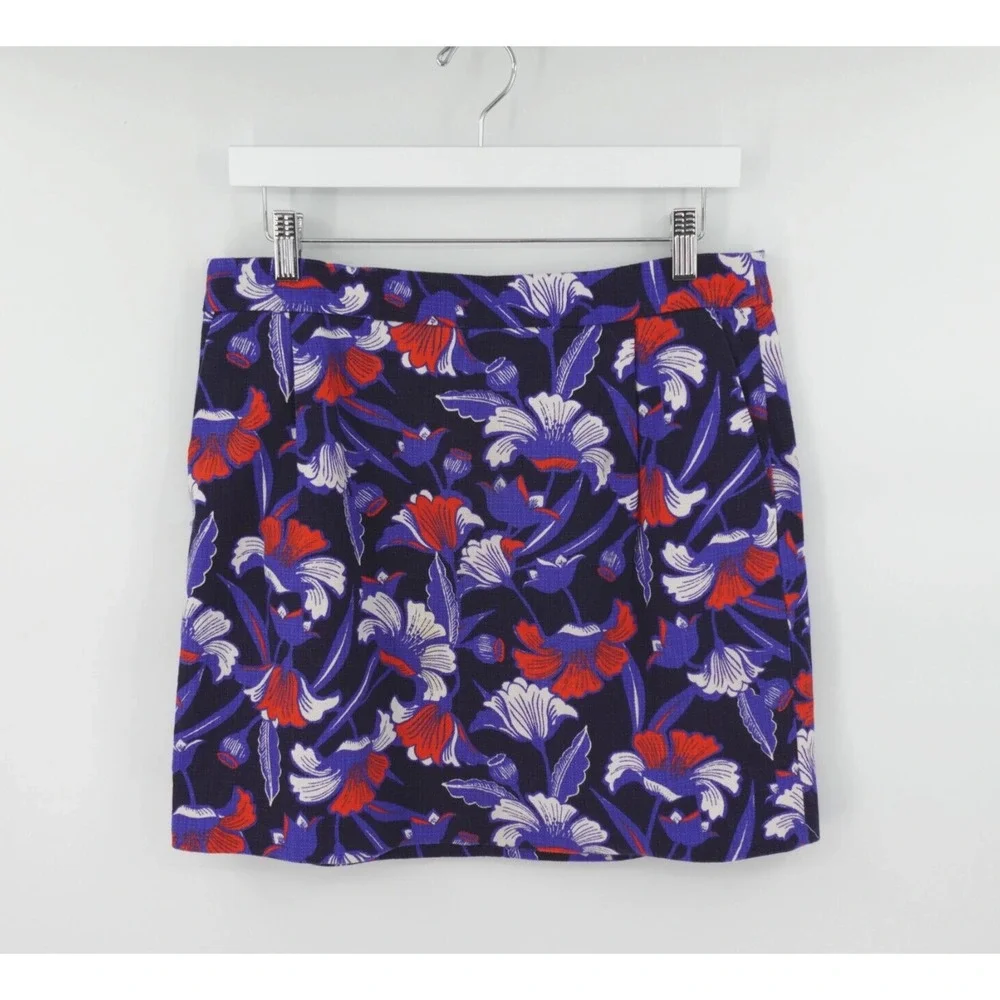 J Crew Mini Skirt 10 Blue Floral Print‎ Basketweave Mod Whimsical